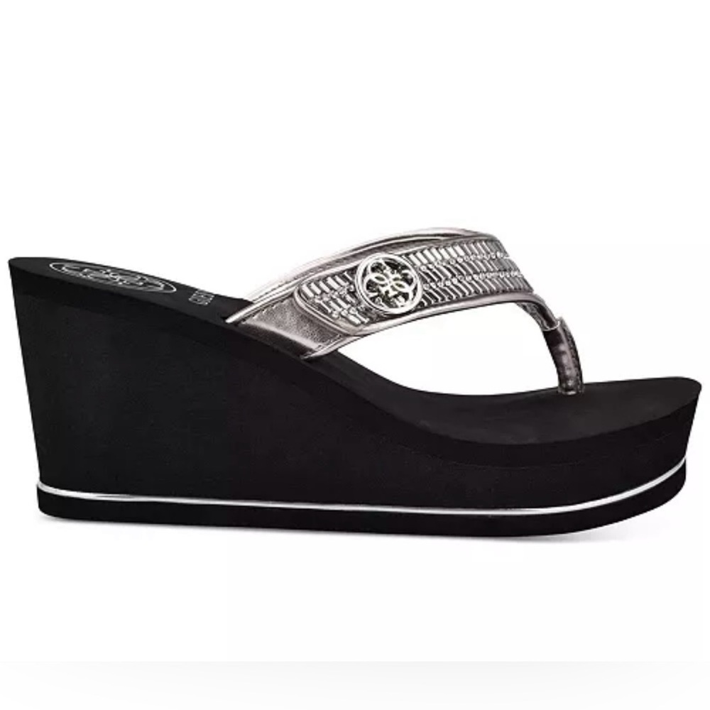 NEW in Box GUESS Women's Black and Silver Wedge Sandals Size 9 - Picture 2 of 9